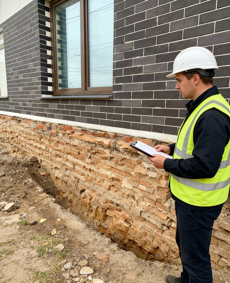 Foundation inspector reviewing an exposed brick foundation beside an excavated trench